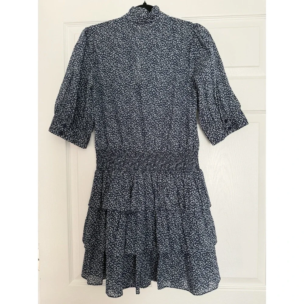 Michael Kors Floral Cotton Lawn Tiered Mini Dress Smocked Waist Navy Blue Medium